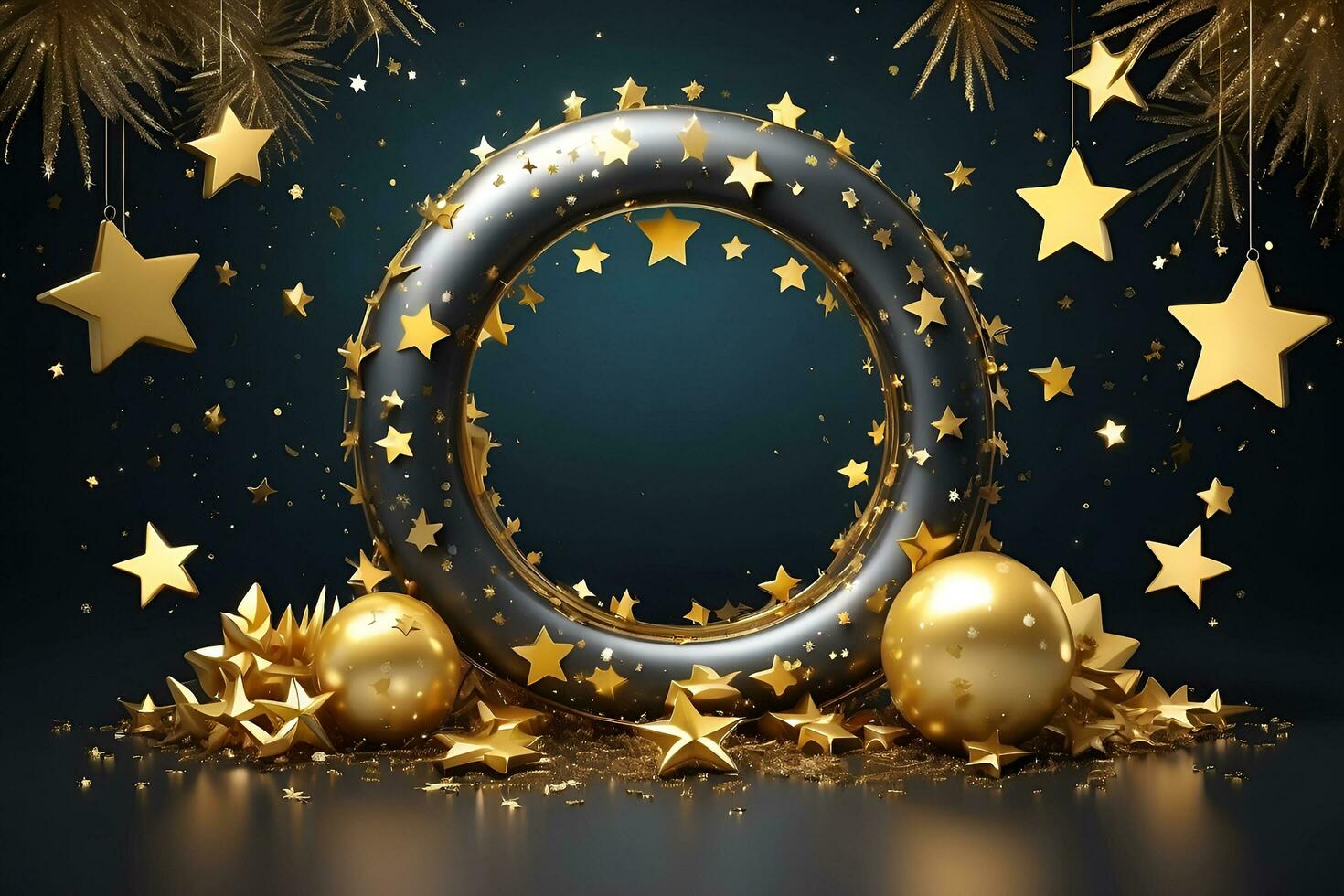 ai genererad Lycklig ny år bakgrund med gyllene stjärnor och dekorationer foto