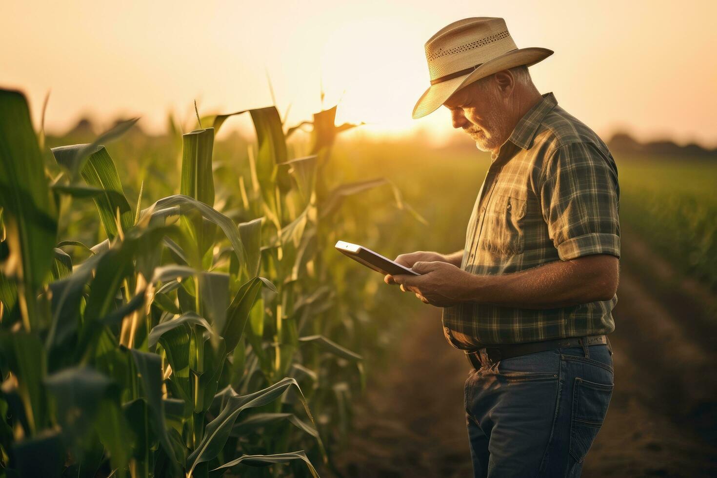 ai genererad jordbrukare använder sig av läsplatta i majs fält på solnedgång, kontroll kvalitet av beskära, en modern jordbrukare i en majs fält använder sig av en digital läsplatta, ai genererad foto
