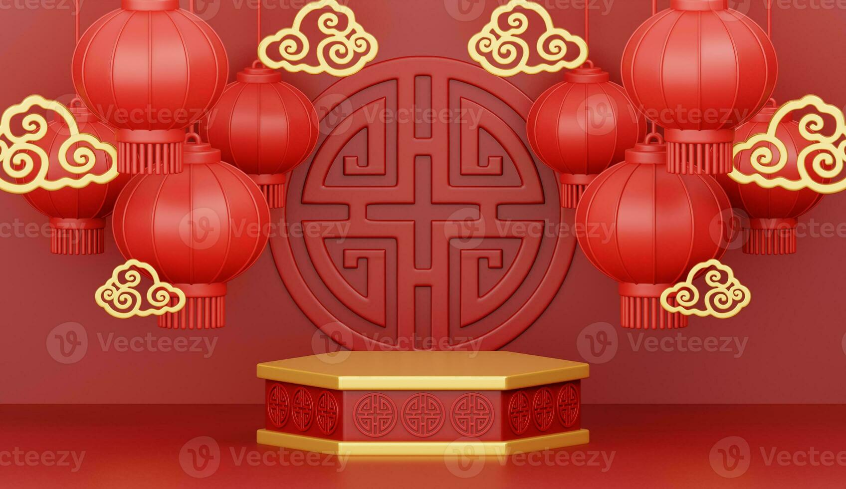 3d framställa för Lycklig kinesisk ny år 2024 av drake zodiaken med podium och lyktor på röd bakgrund. foto