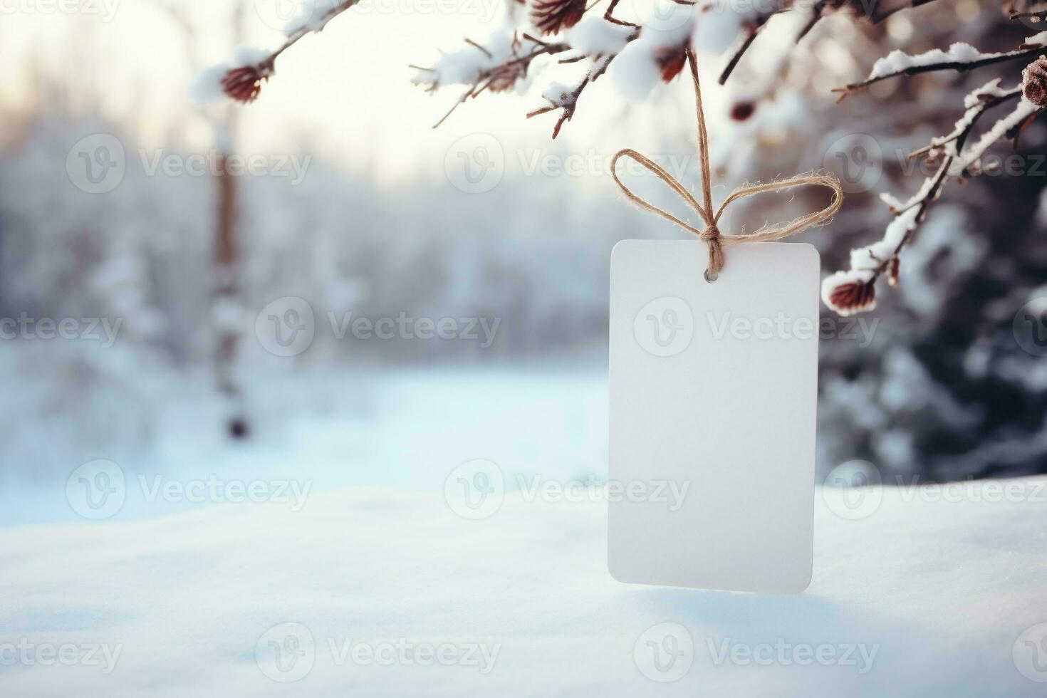 ai genererad tom kort hängande på en gren täckt med snö i vinter- skog foto