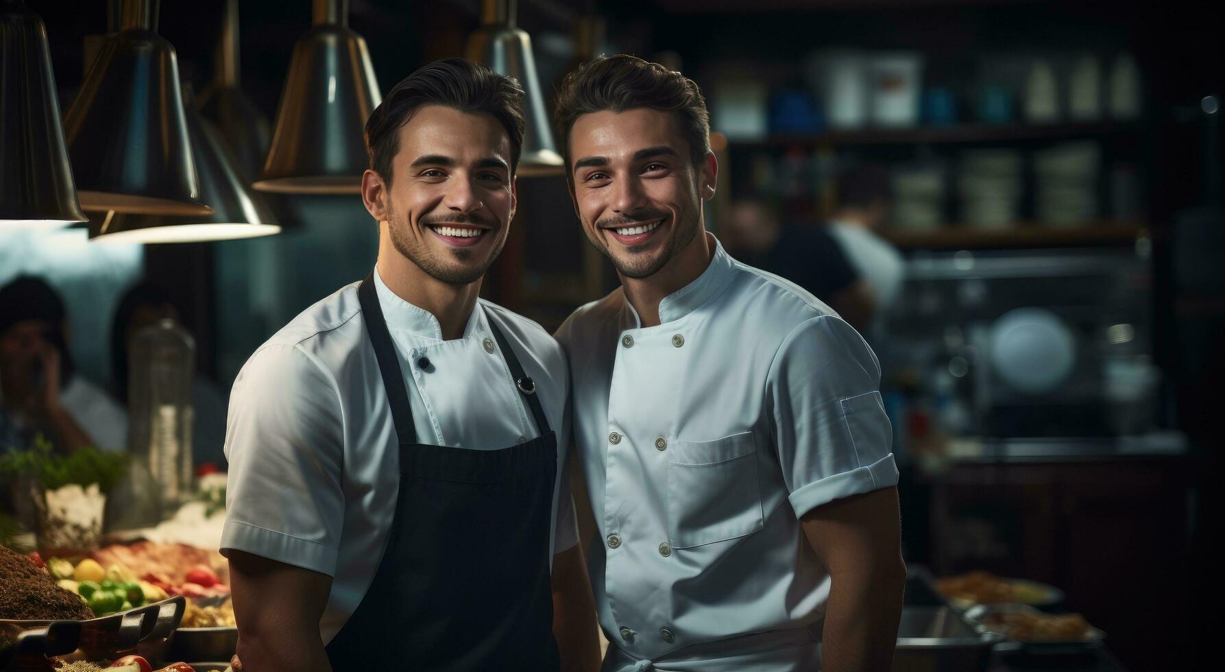 ai genererad kock och kök personal stående i kök med mat på tabell foto