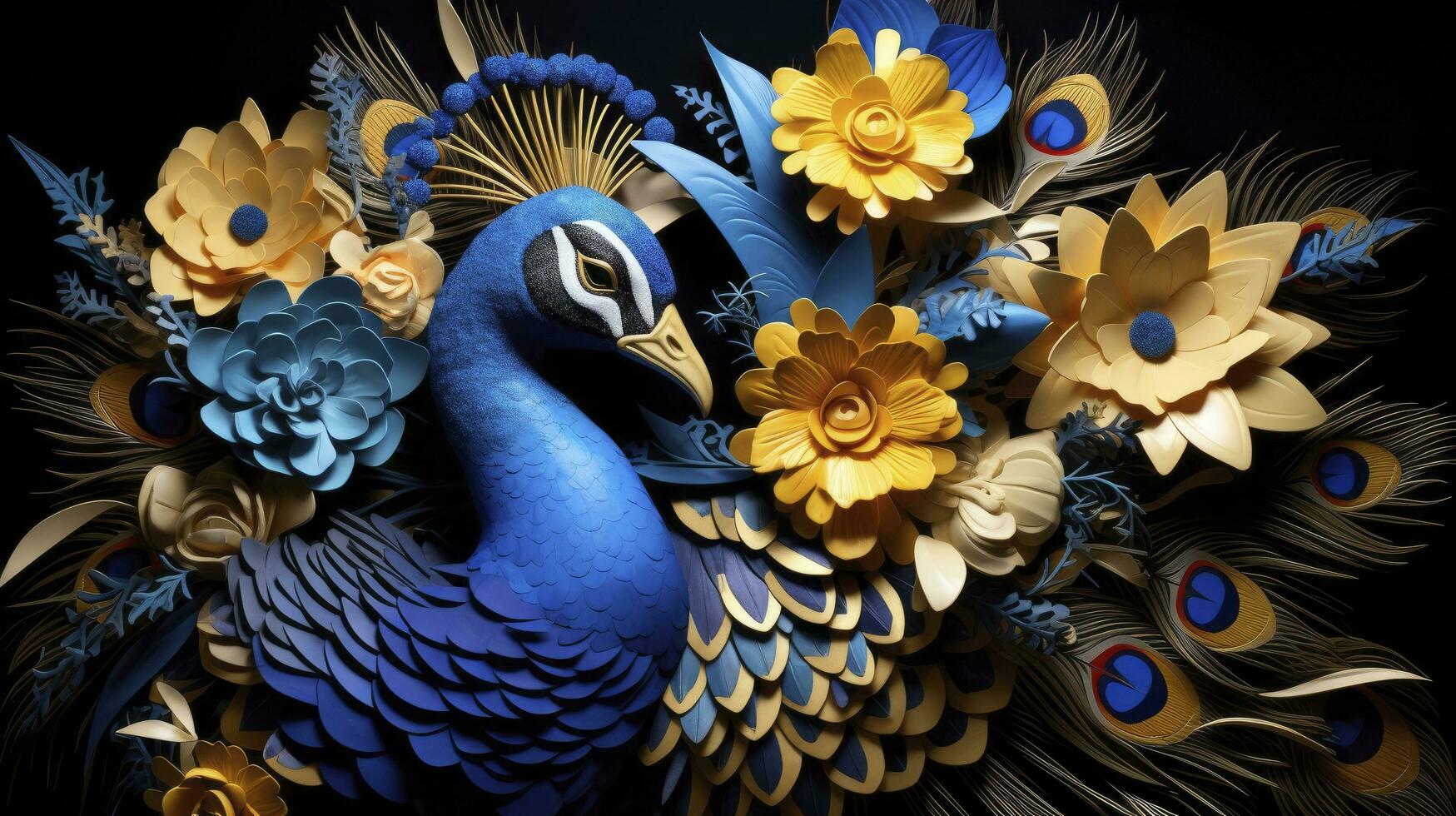 ai genererad blå gul och guld påfågel dekor med blommor foto