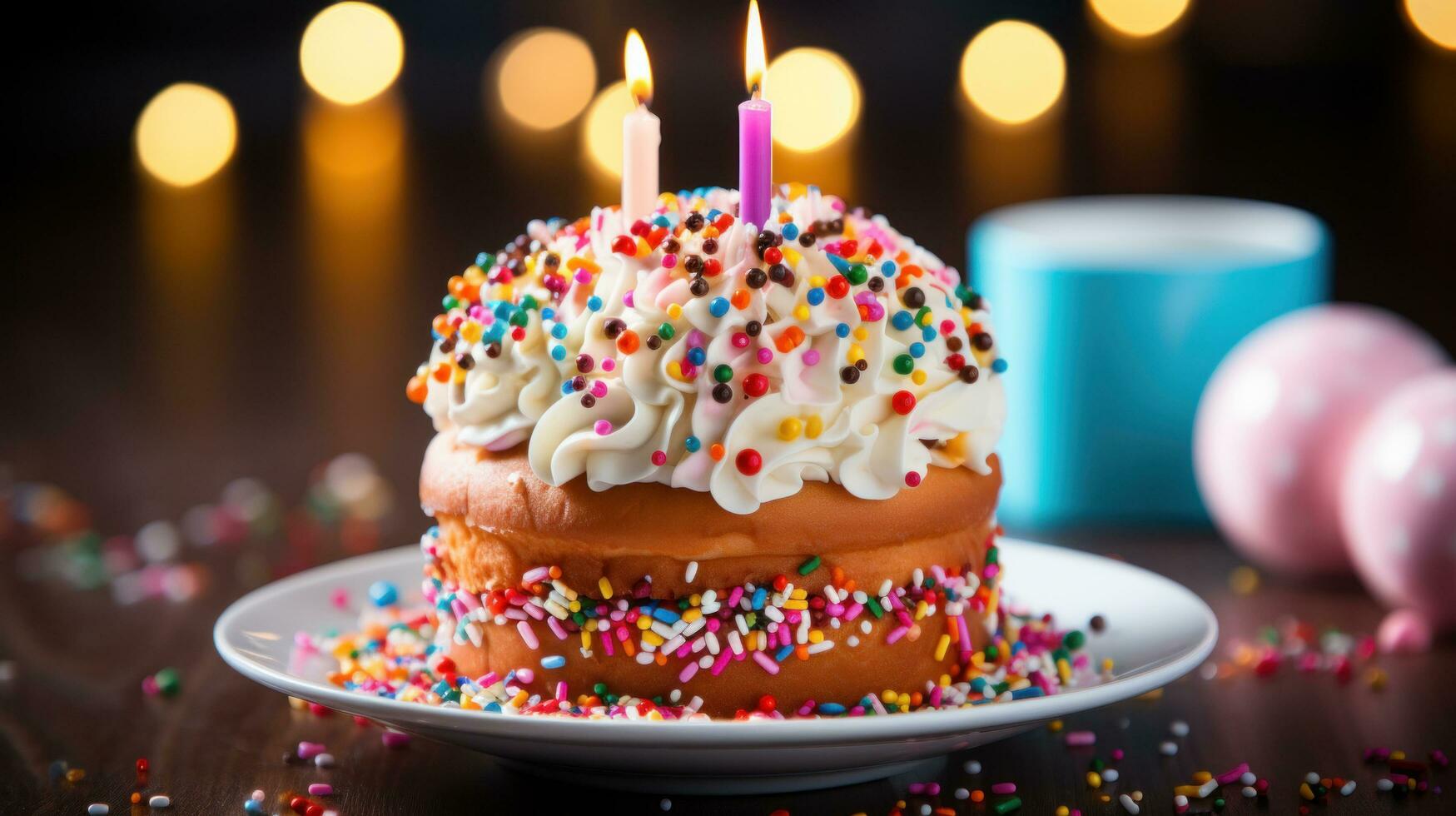 ai genererad dekadent födelsedag kaka Utsmyckad med färgrik glasyr och pålägg, en kulinariska mästerverk med kopia Plats. foto