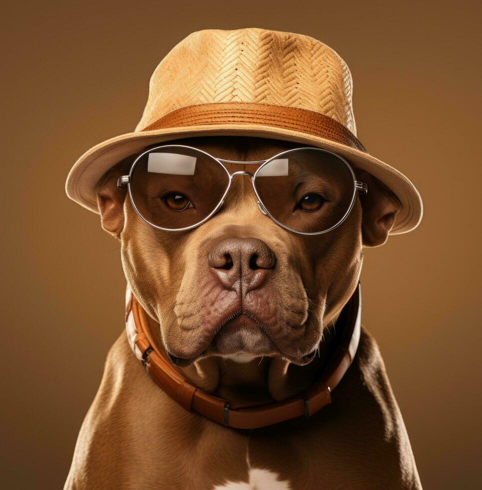 ai genererad en grop tjur hund bär solglasögon med en hatt foto