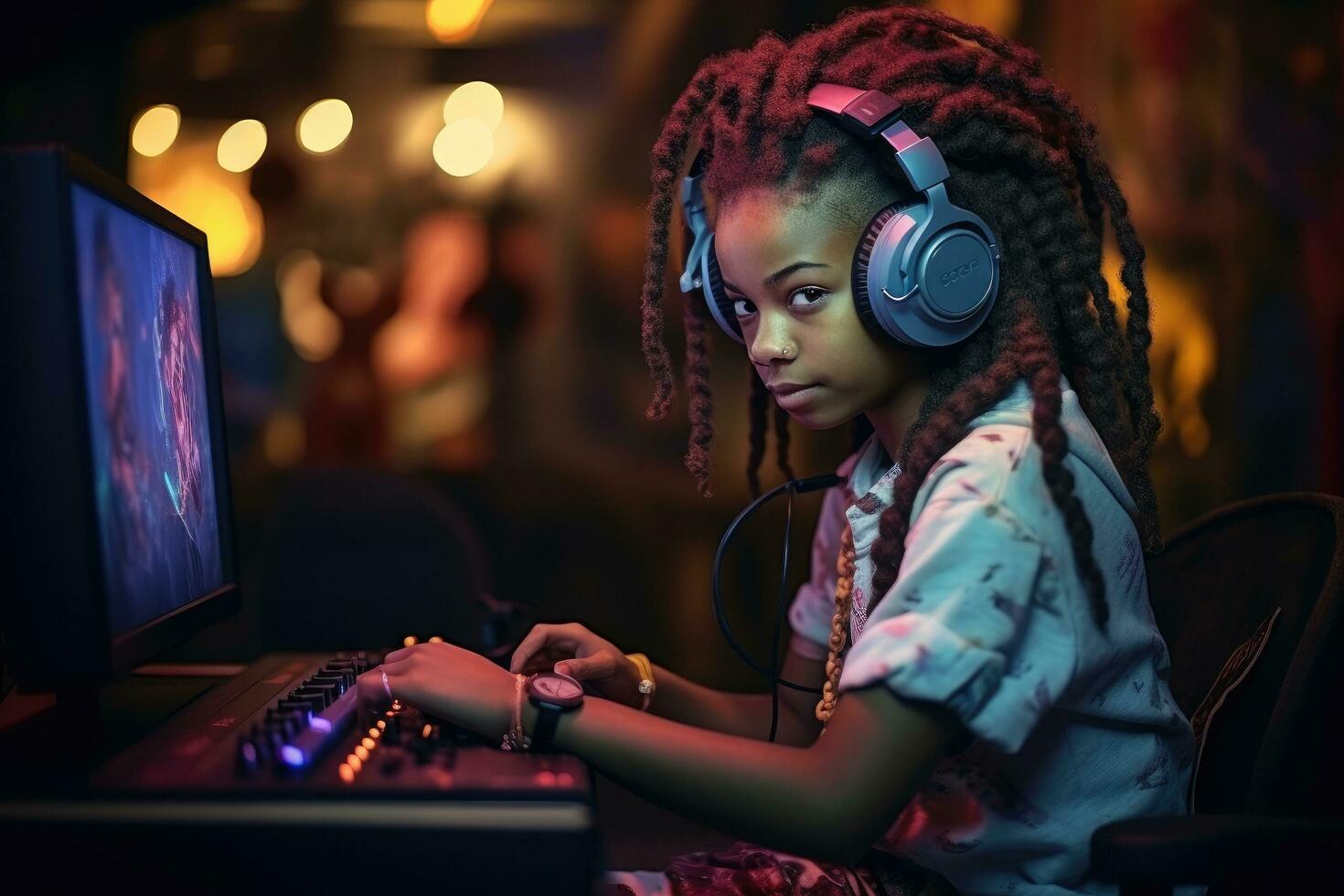 ai genererad ung afrikansk amerikan kvinna spelar gamer använder sig av dator spel på natt. cyber spel, afrikansk flicka spelar professionell Videospel med hörlurar, ai genererad foto