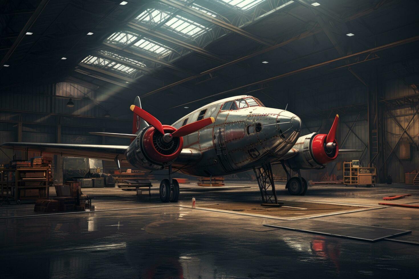 ai genererad 3 d cg tolkning av ett flygplan, flygplan i de hangar, främre se, ai genererad foto