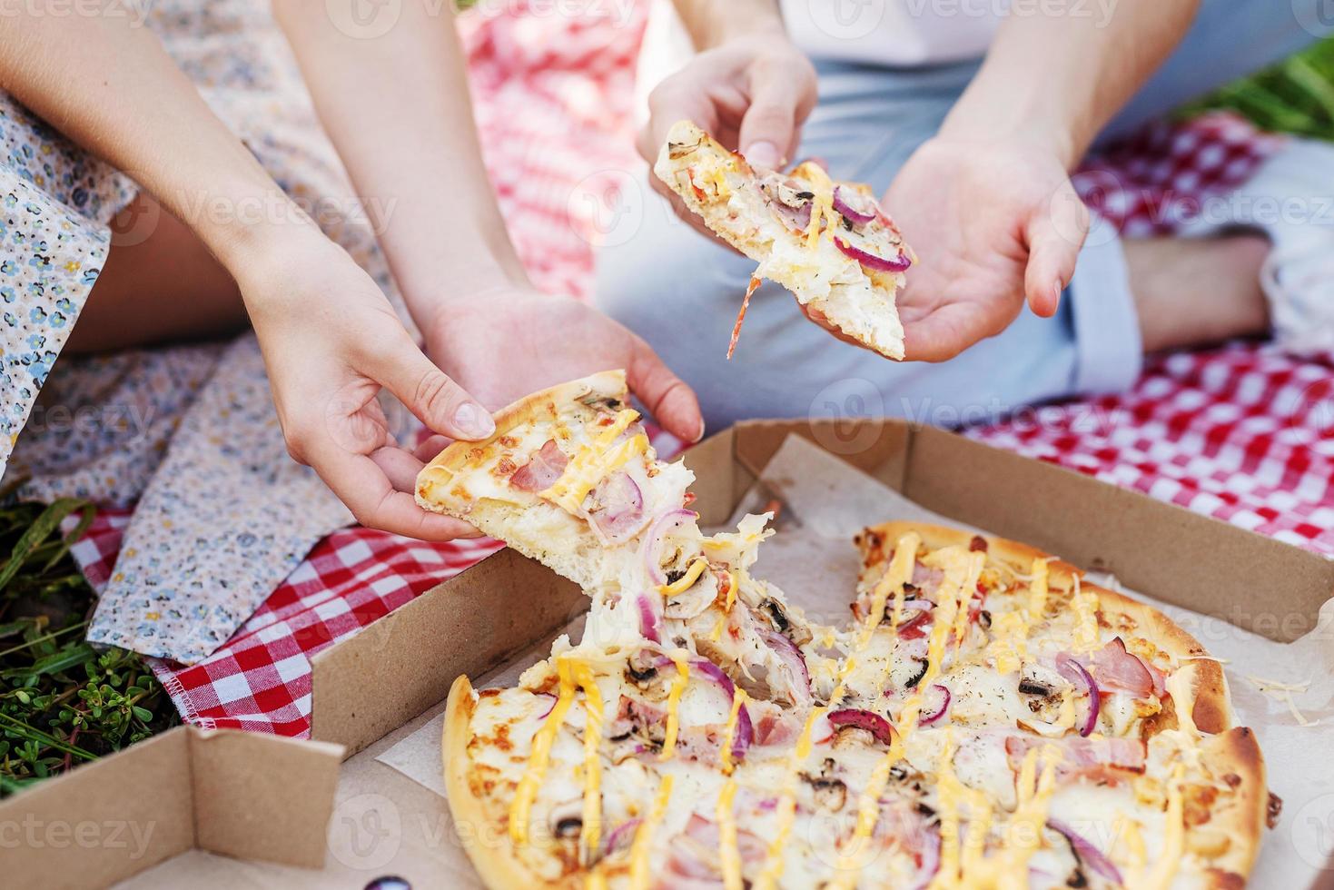 ungt par som har picknick på solrosfältet foto