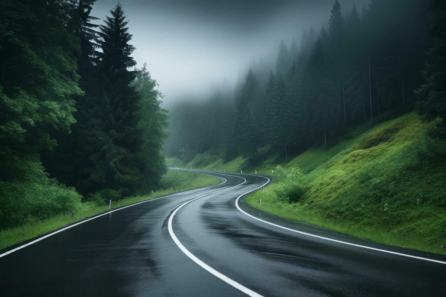 ai genererad väg i dimmig skog i regnig dag i vår skön berg böjd körbana foto