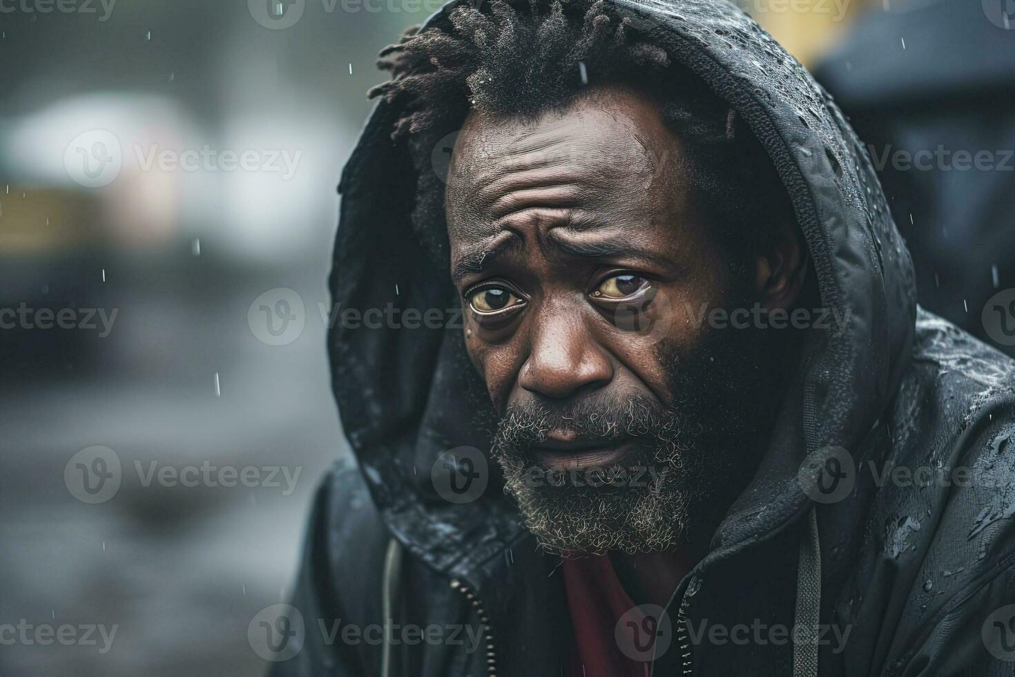 ai genererad ledsen afrikansk amerikan hemlös man i de regn i de stad på suddig bakgrund foto