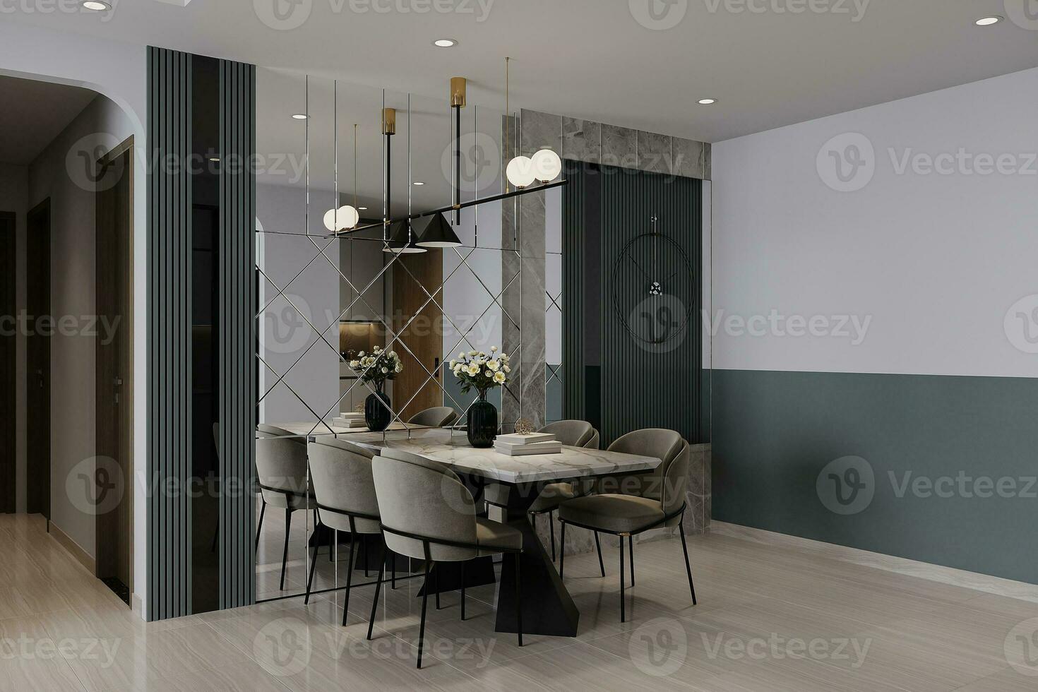 minimalistisk interiör av de dining rum med exklusiv föremål. foto