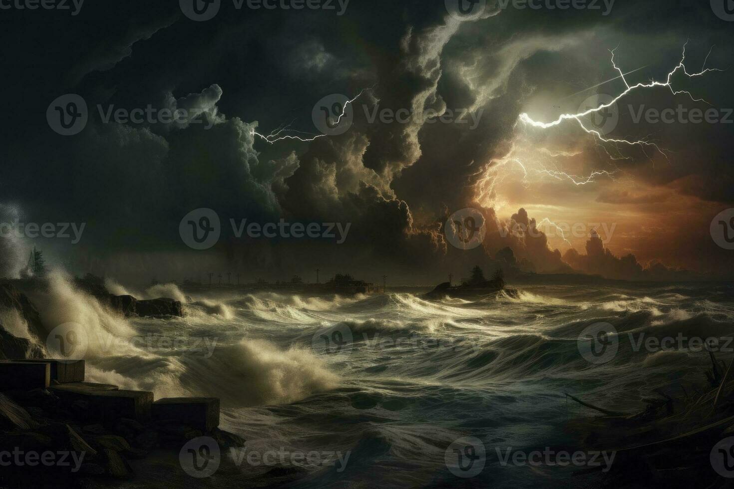 ai genererad drama av en åskväder och storm längs kust, detta Foto ställer ut de intensiv kraft av natur med dramatisk väder