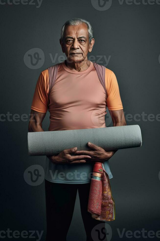 ai genererad man innehav yoga matta och filt, praktiserande eller framställning för en yoga session foto