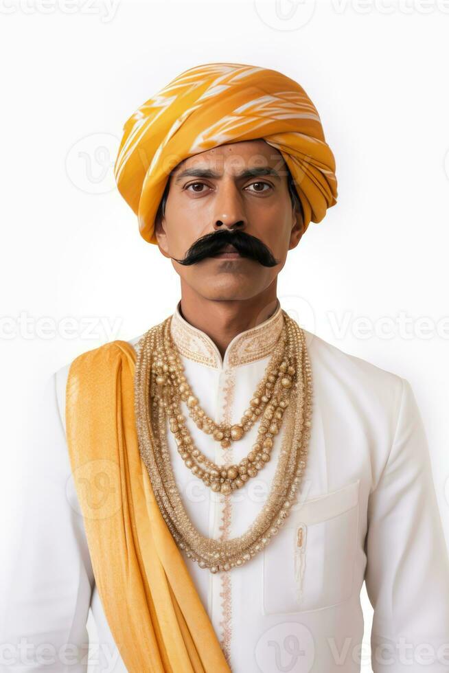 ai genererad kulturell indisk man med mustasch och skägg bär traditionell gul och orange kläder och halsband foto