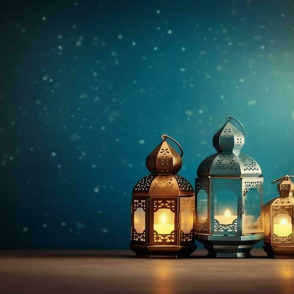 eid mubarak och ramadan kareem hälsningar med islamic lykta och moskén. eid al fitr bakgrund. eid al fitr bakgrund av fönster begrepp förbi ai genererad foto