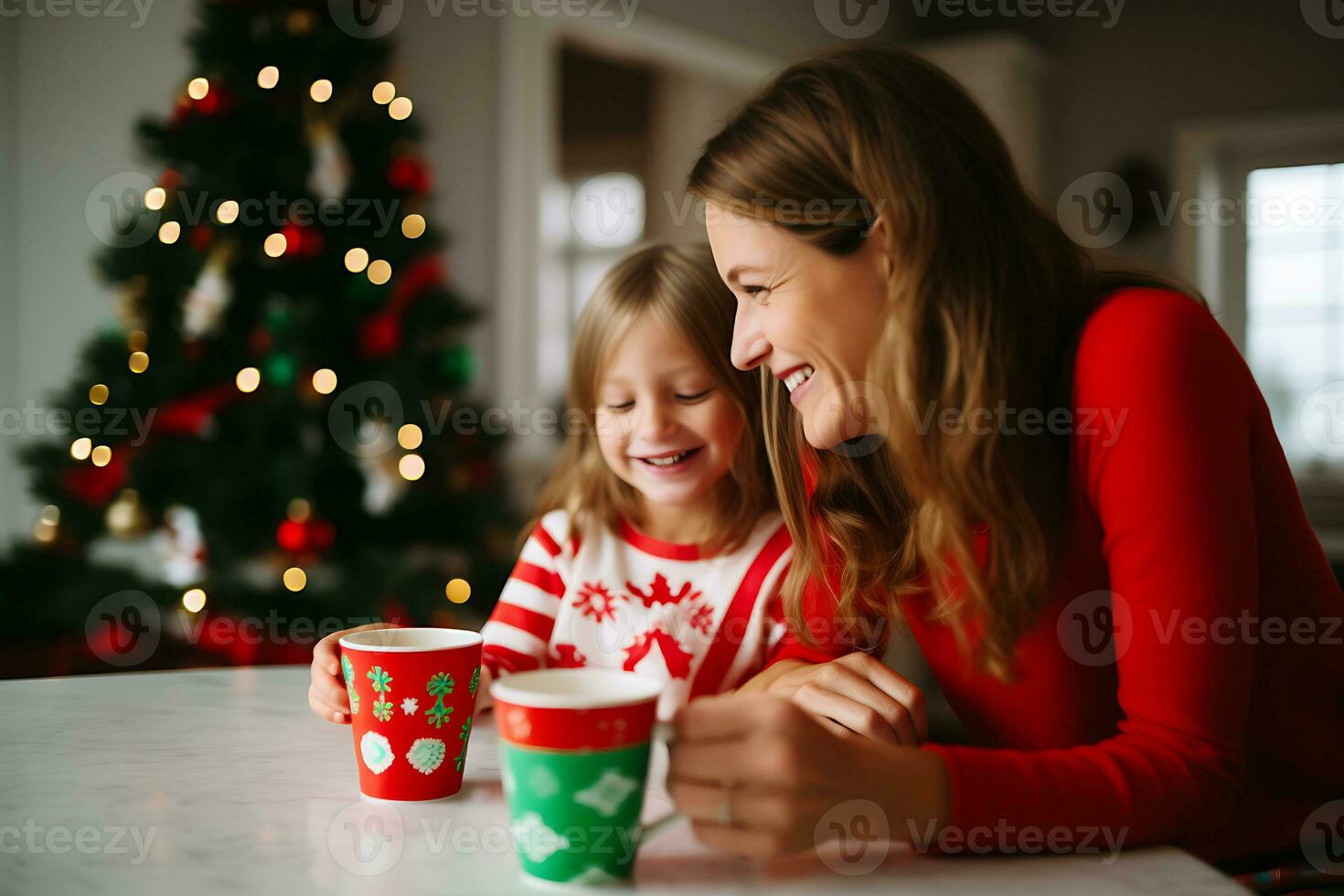 ai genererad mor och dotter spendera en mysigt dag tillsammans i de levande rum dekorerad med jul dekor. familj dricka en varm dryck och har roligt foto