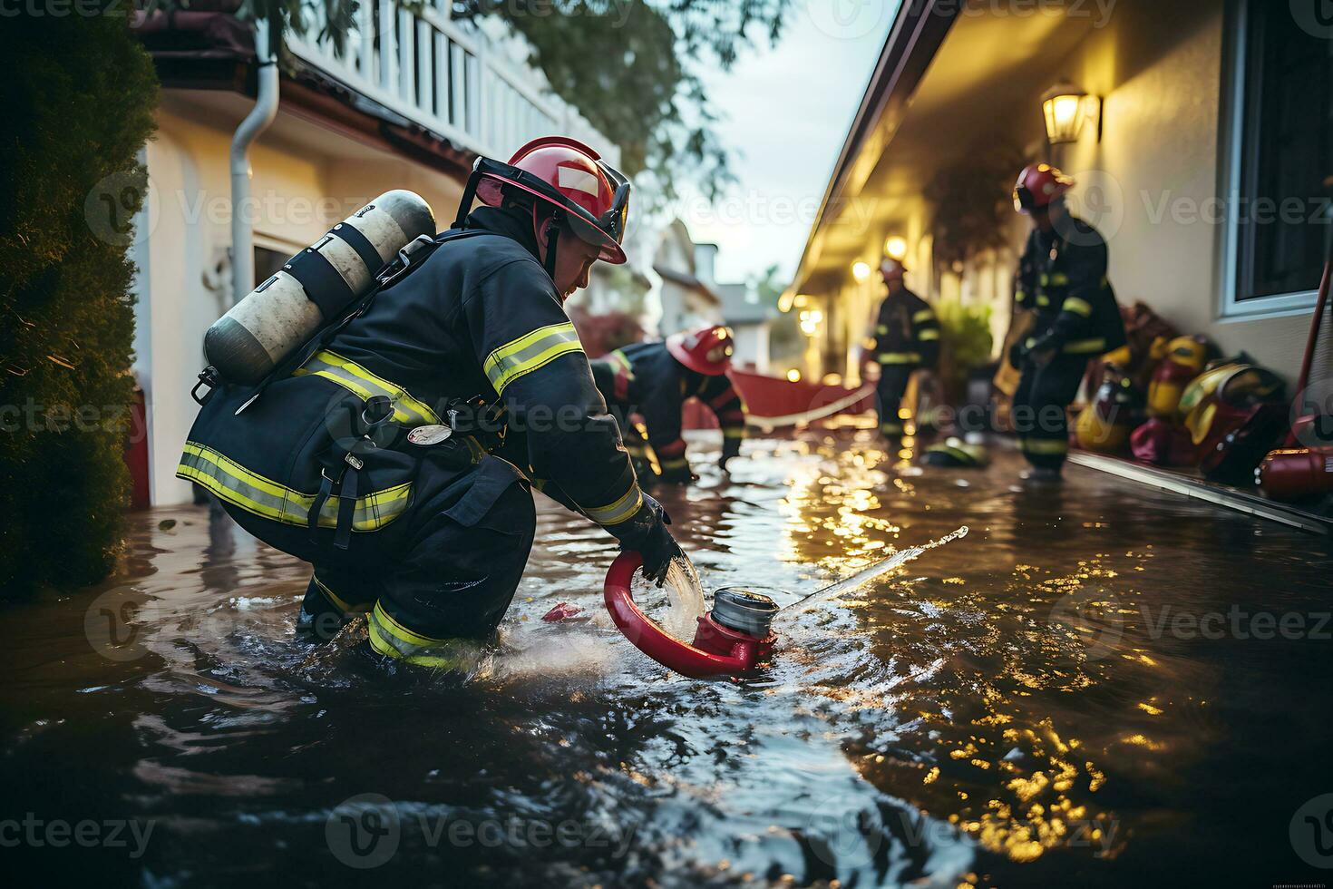 ai genererad som en resultat av de översvämning, stad gator och de först golv av byggnader var översvämmad. räddare pump vatten ut av byggnader foto