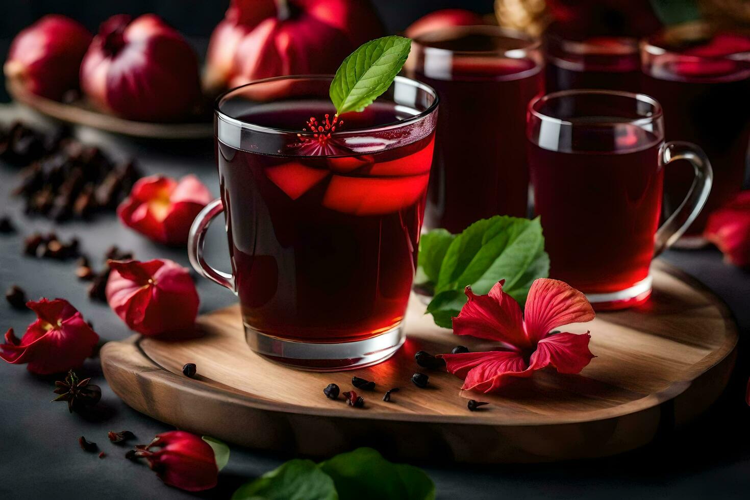 ai genererad röd te med färsk blommor och kryddor foto