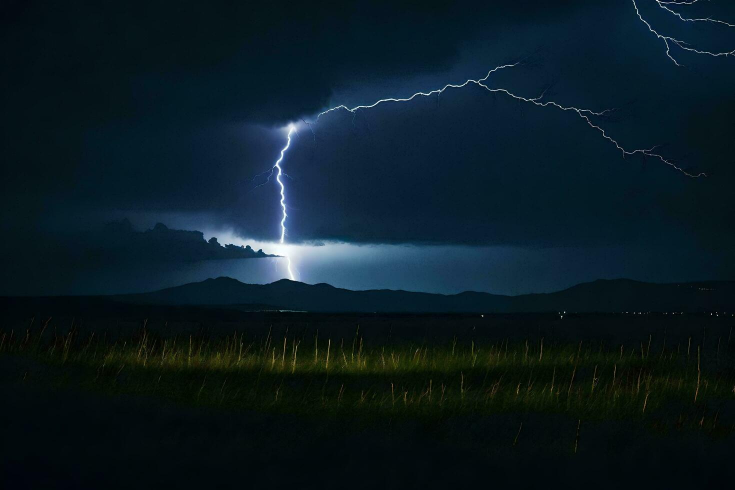 ai genererad blixt- strejker över en fält i de mörk foto