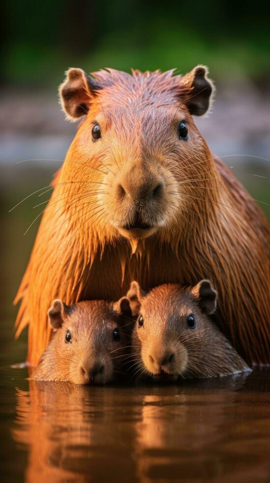 ai genererad ett förtjusande Foto av en mor capybara med henne bebisar, de kärleksfull obligation mellan dessa djur