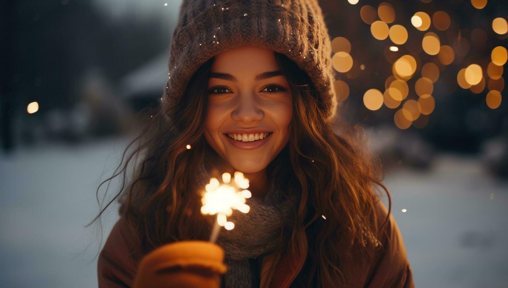 ai genererad indie filma av en ljus sparkler kvinna i vinter- Kläder innehav en sparkler foto