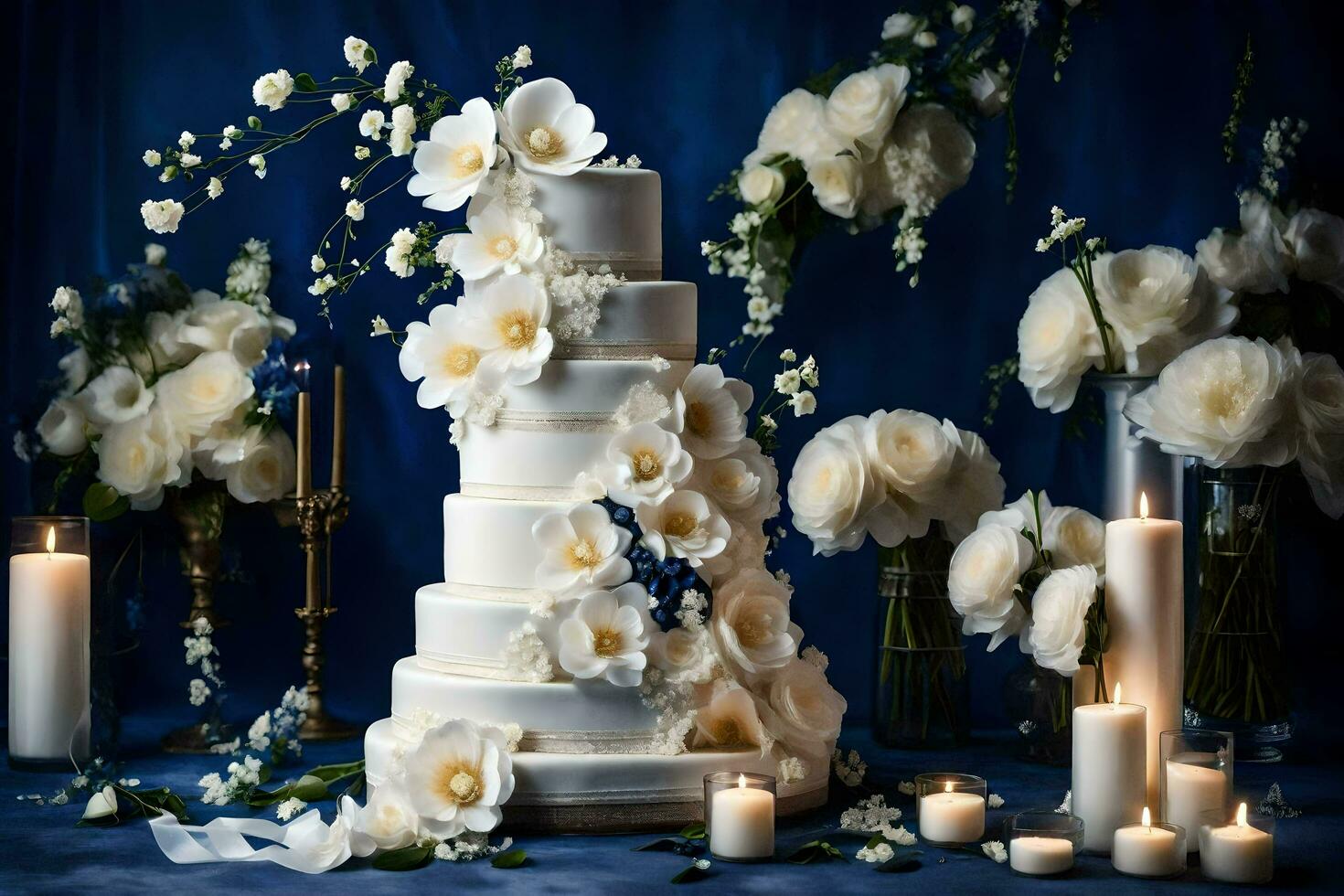 ai genererad en bröllop kaka med vit blommor och ljus foto