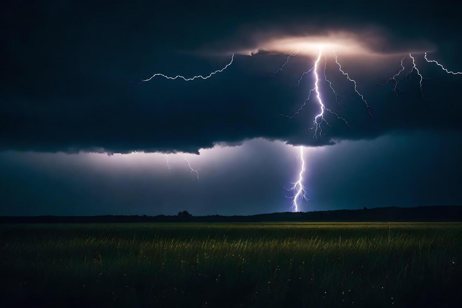 ai genererad blixt- strejker över en fält i de mörk foto