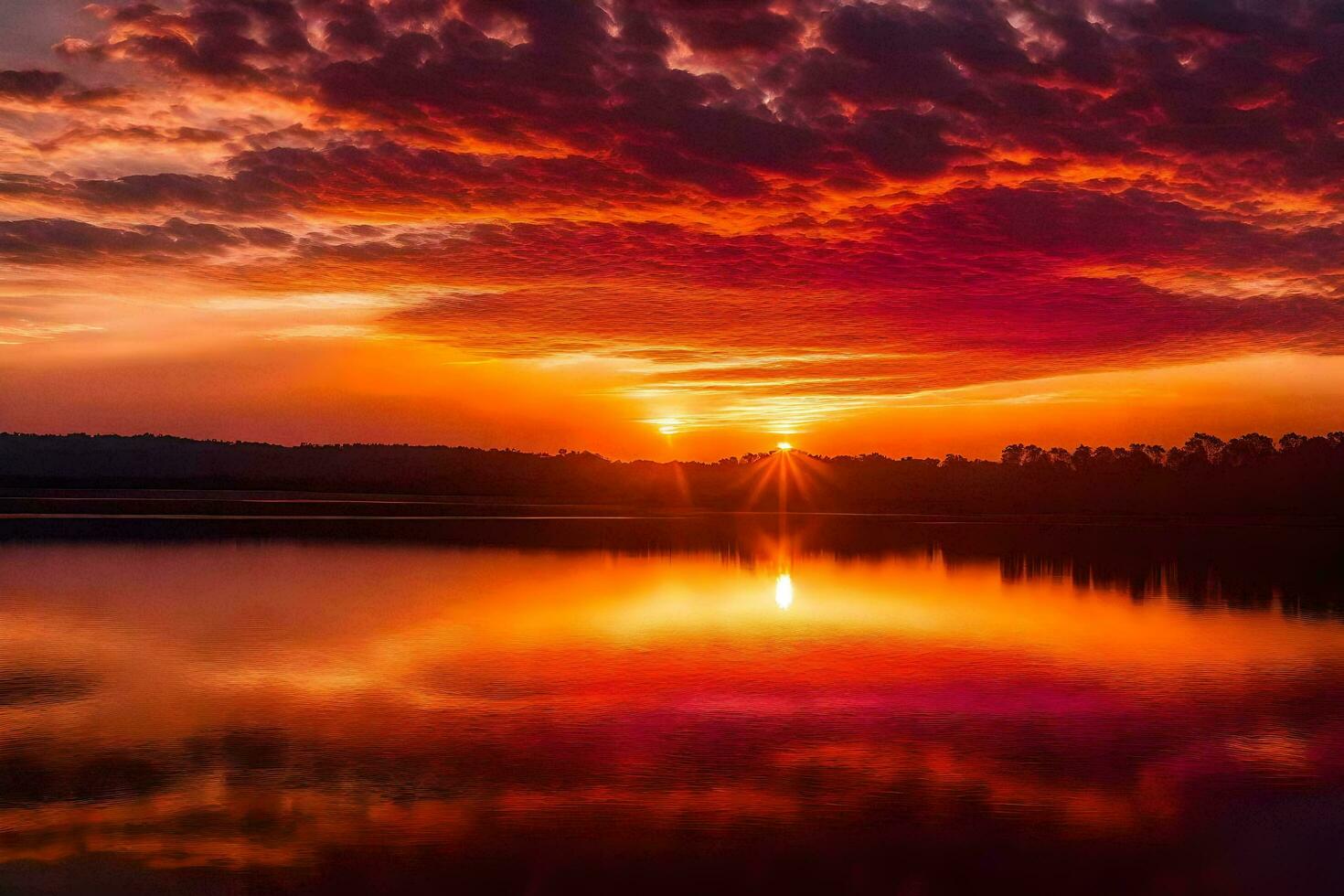 ai genererad de Sol uppsättningar över en sjö med en röd himmel foto