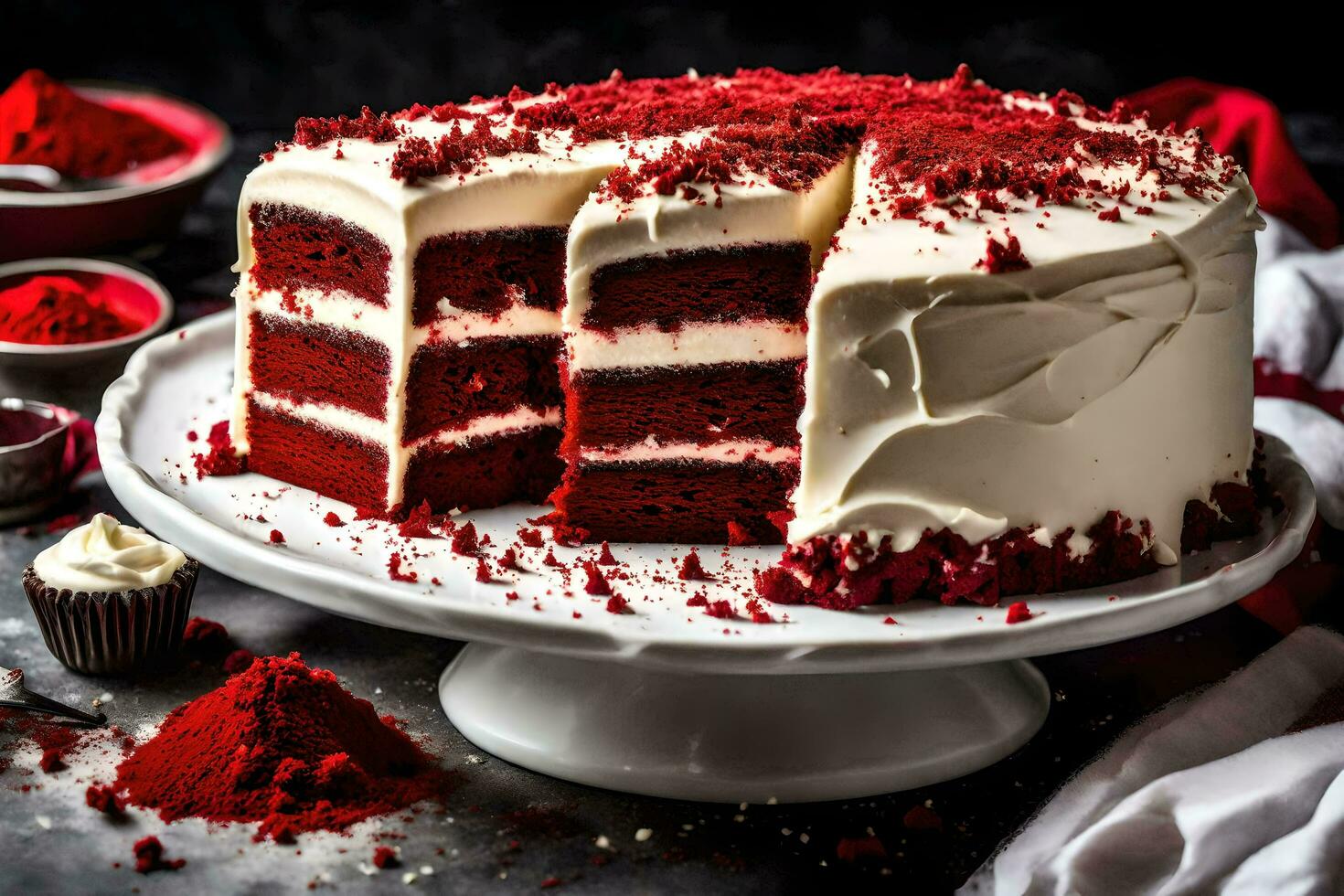 ai genererad en röd sammet kaka med en skiva tagen ut foto