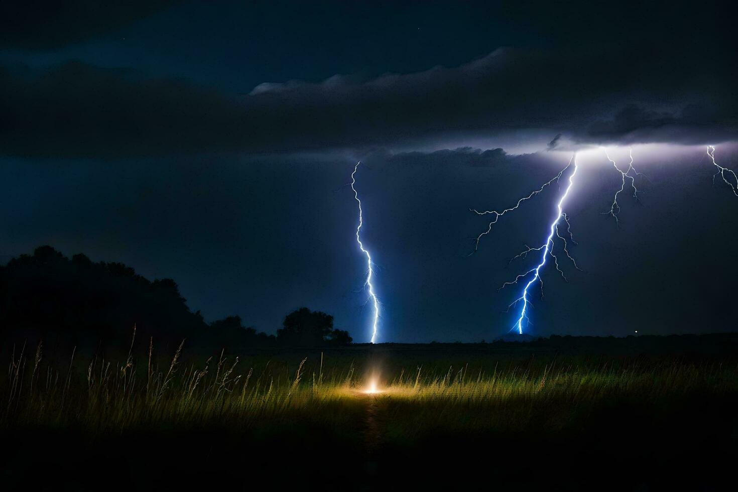 ai genererad blixt- strejker över en fält med en ljus lysande i de himmel foto