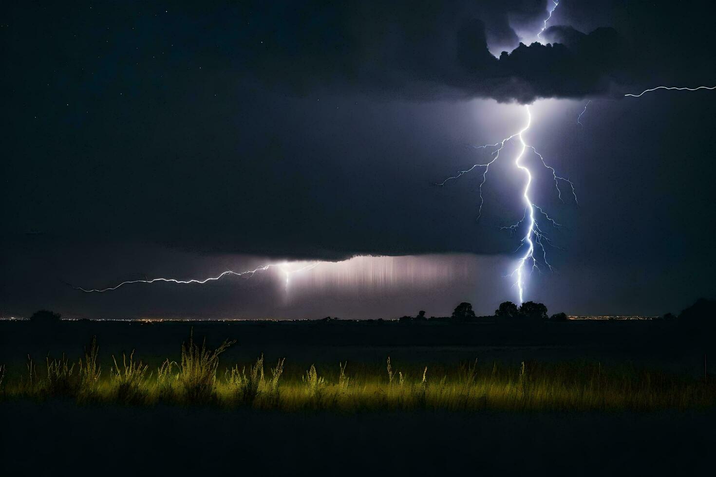 ai genererad blixt- strejker över en fält på natt foto