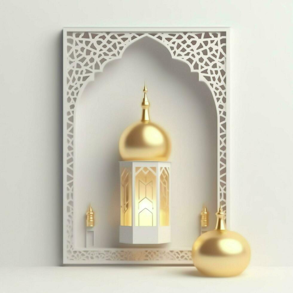 eid mubarak och ramadan kareem hälsningar med islamic lykta och moskén. eid al fitr bakgrund. eid al fitr bakgrund av fönster begrepp förbi ai genererad foto