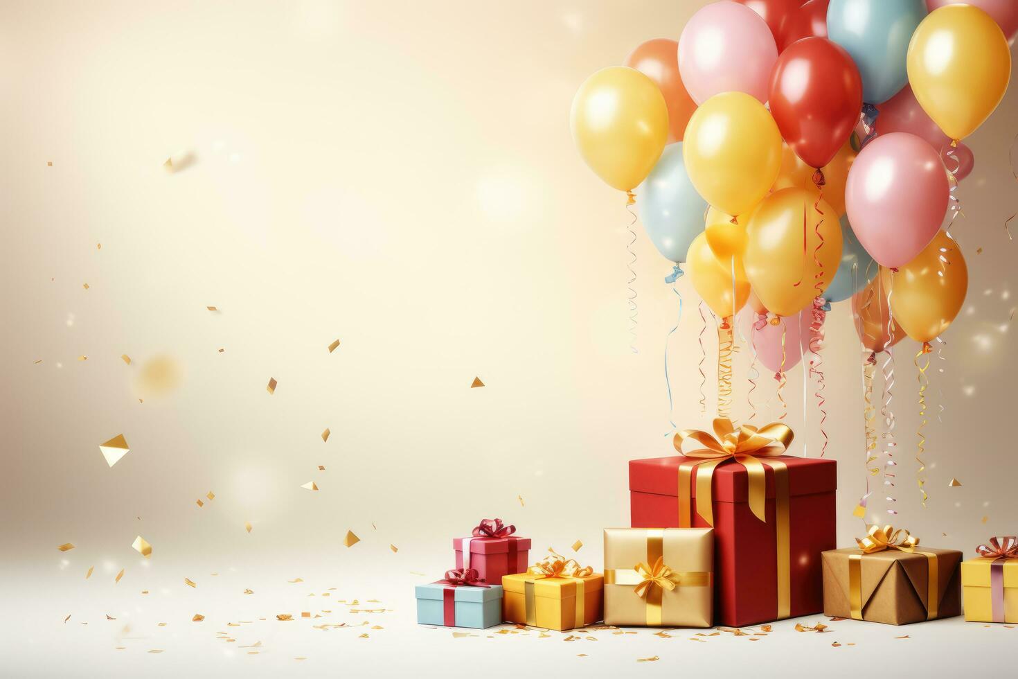 ai genererad Färg ballonger ett gåva lådor för födelsedag dekoration, ai genererad foto