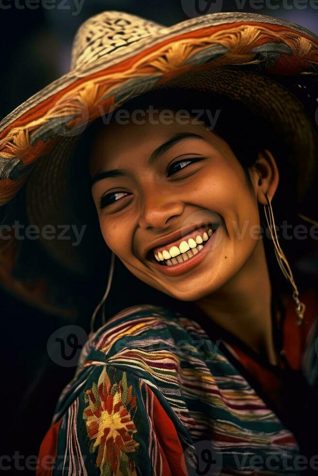 ai genererad en leende kvinna bär en färgrik hatt foto