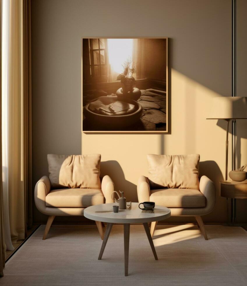ai genererad levande rum med soffa, stol, kaffe tabell och lampa foto