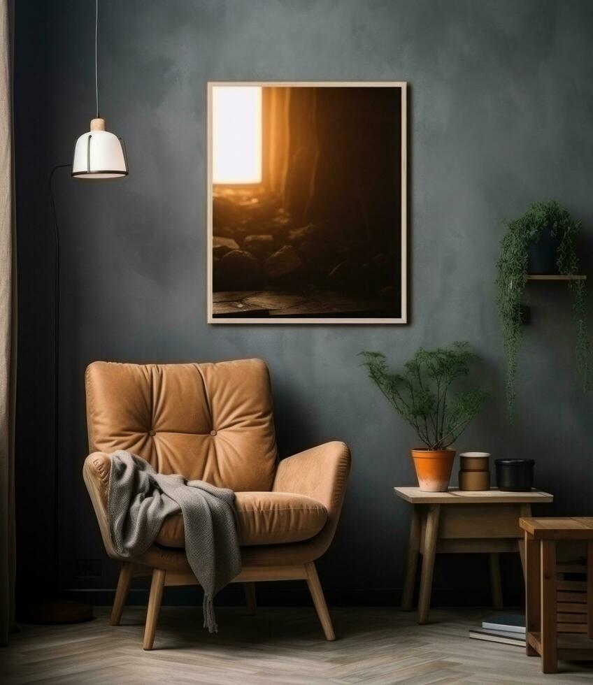 ai genererad levande rum med soffa, stol, kaffe tabell och lampa foto