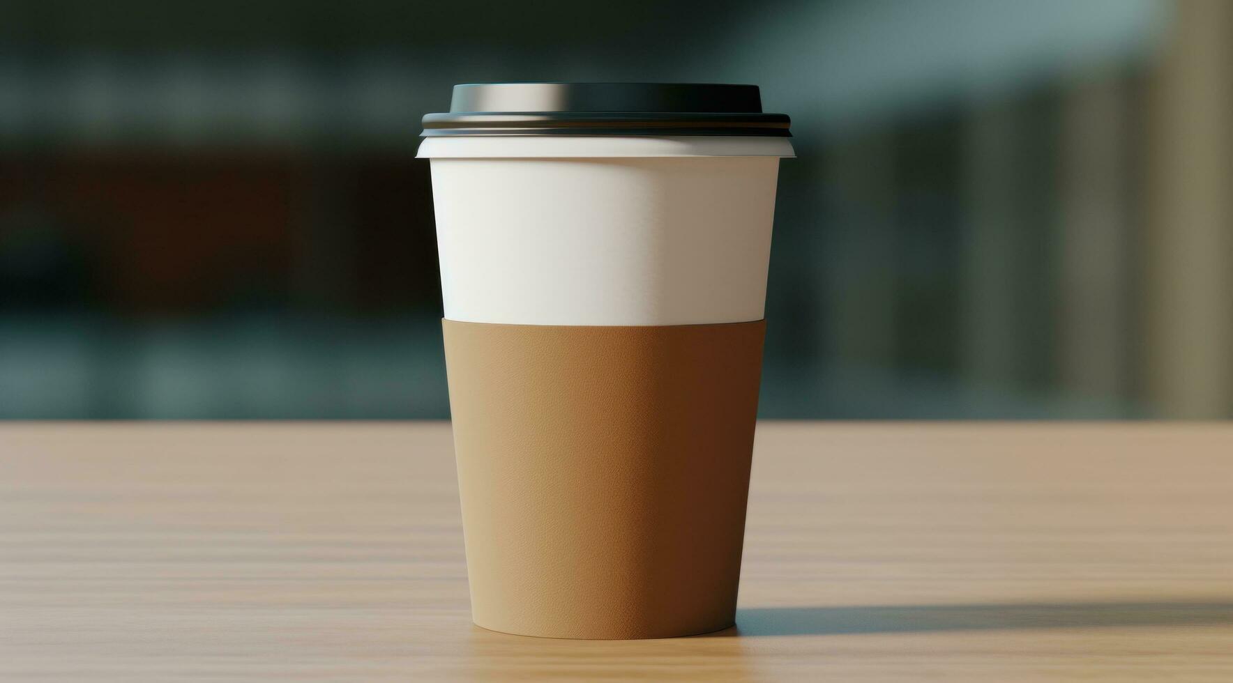 ai genererad bild av en kaffe kopp med en lock på en tabell foto