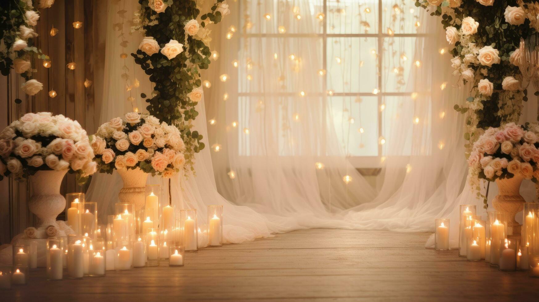 ai genererad en romantisk bröllop scen med mjuk belysning, rosor, och rum för innerlig meddelanden foto