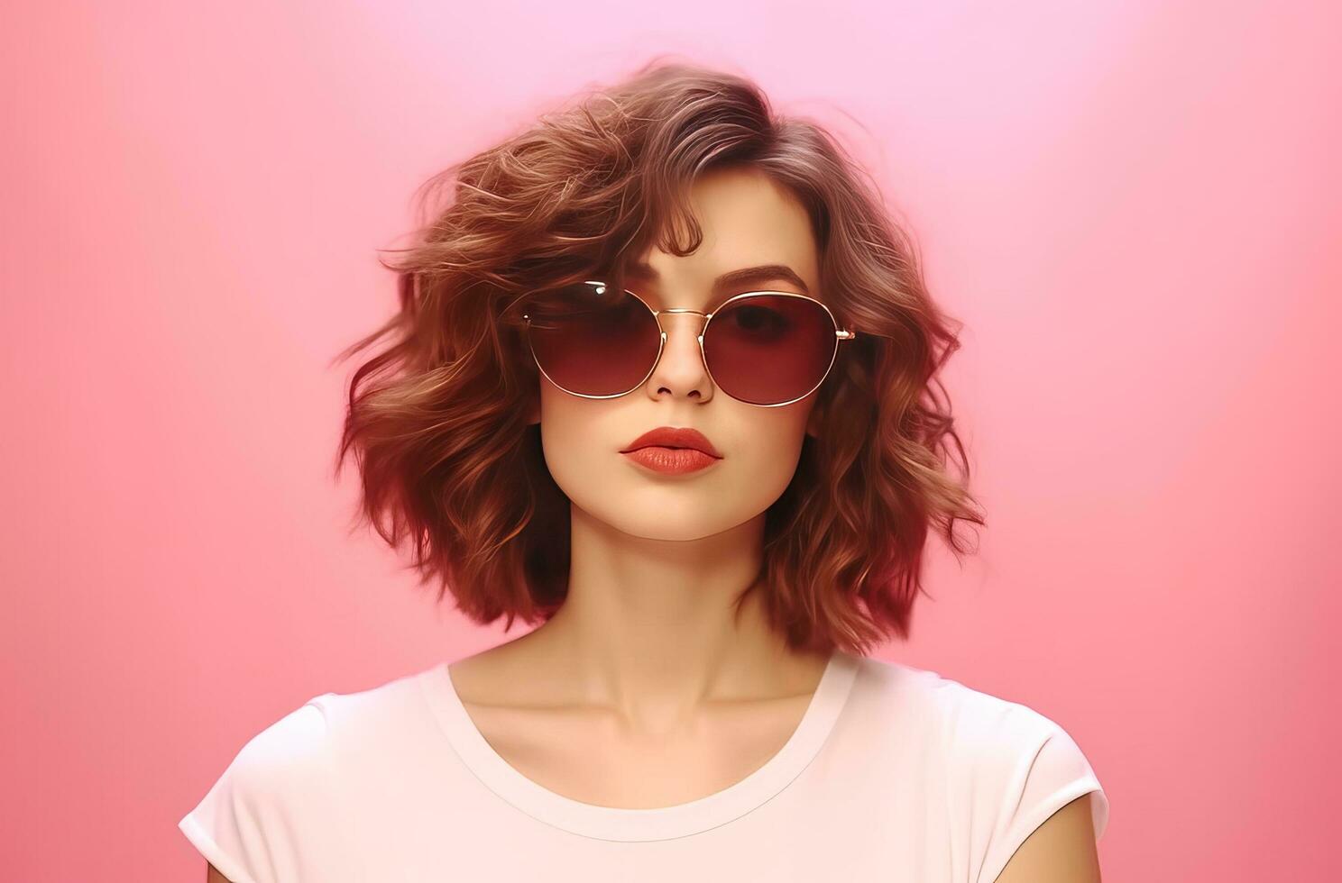 ai genererad söt ung kvinna bär solglasögon över rosa bakgrund kvinna foto