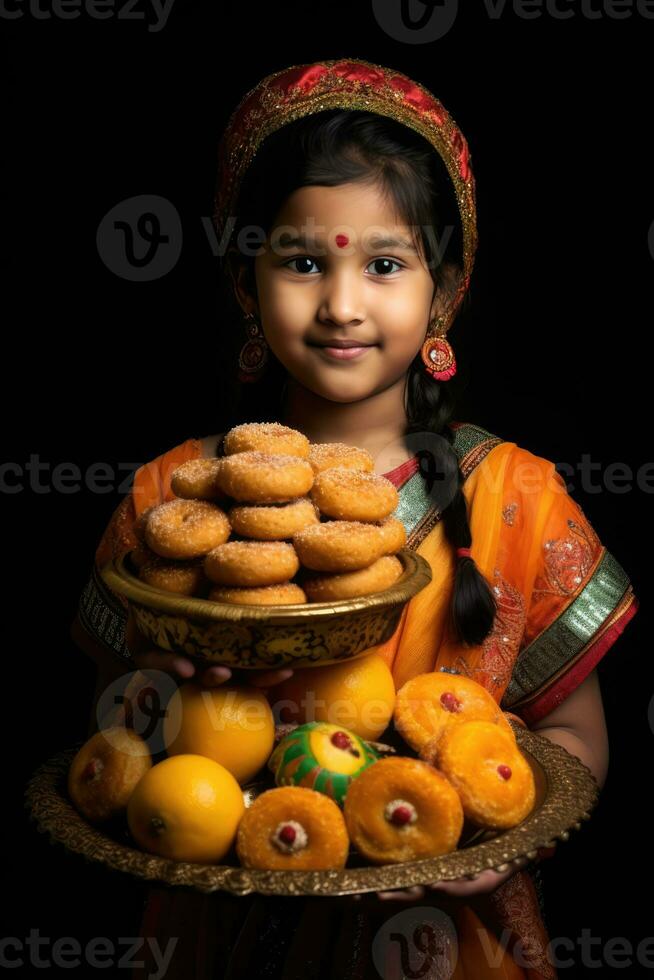 ai genererad en ung flicka är erbjudande en mängd av utsökt behandlar från henne kulturell tradition foto