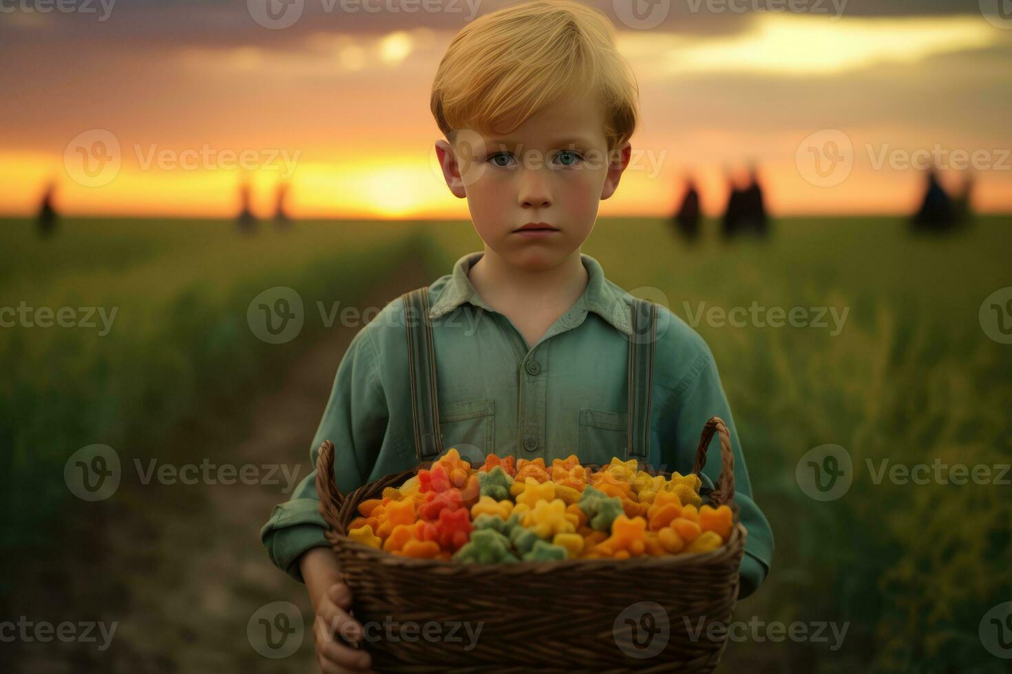 ai genererad en ung pojke bärande en korg av mat tvärs över en fält. foto