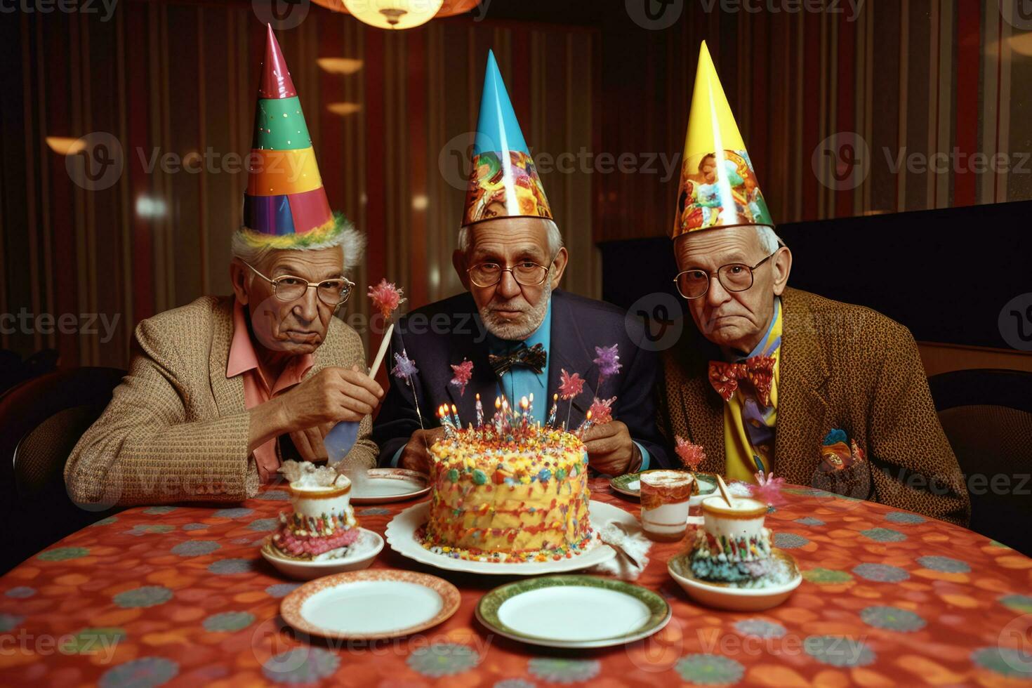 ai genererad tre äldre män fira födelsedagar med en färgrik kaka foto