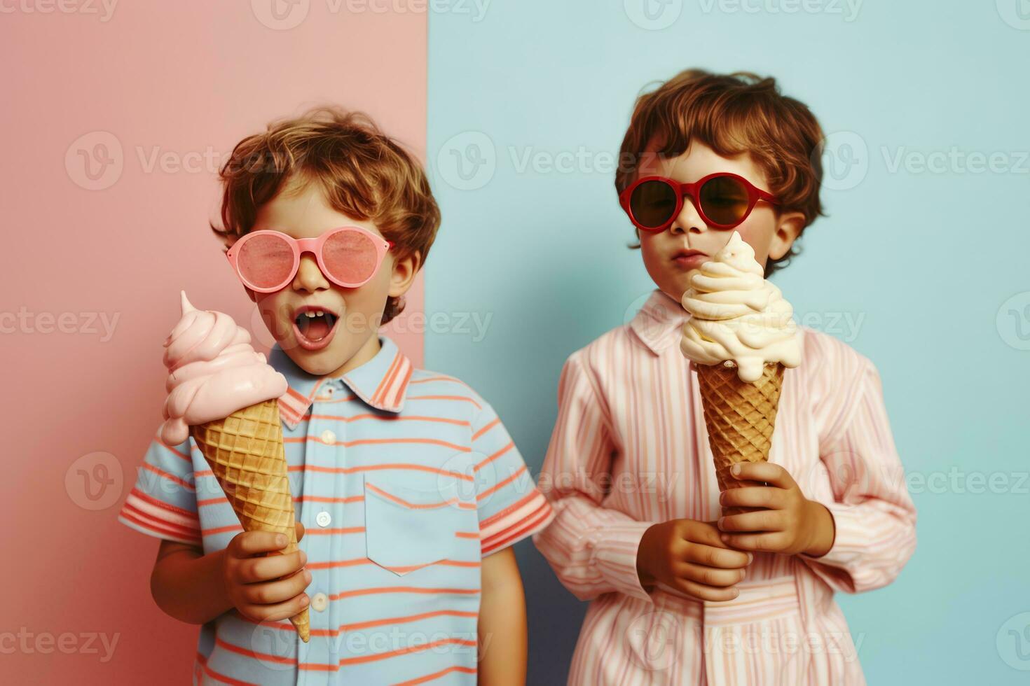 ai genererad två barn njut av deras is grädde med stor glasögon och en vrida foto