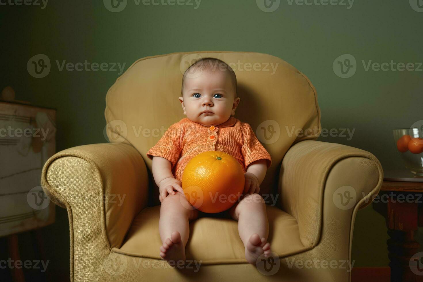 ai genererad bebis Sammanträde i en stol med ett orange foto
