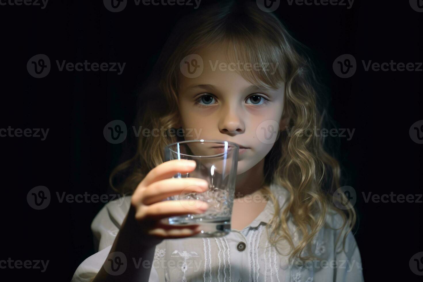 ai genererad en liten flicka drycker vatten från en glas. foto