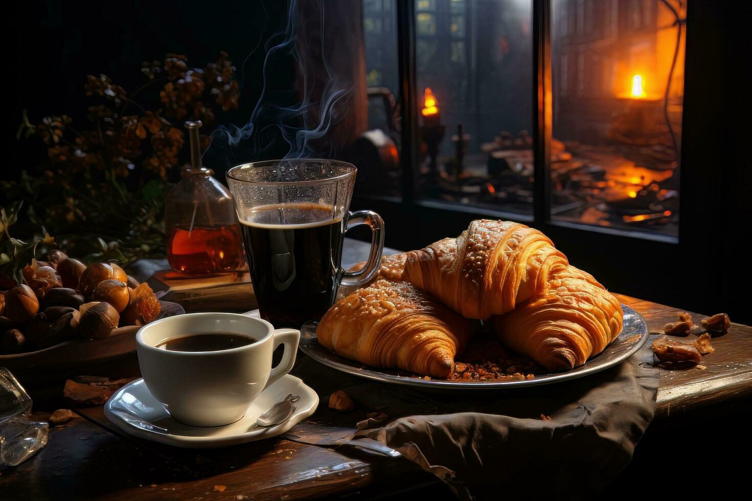 ai genererad äventyr natt med kaffe och croissanter. foto