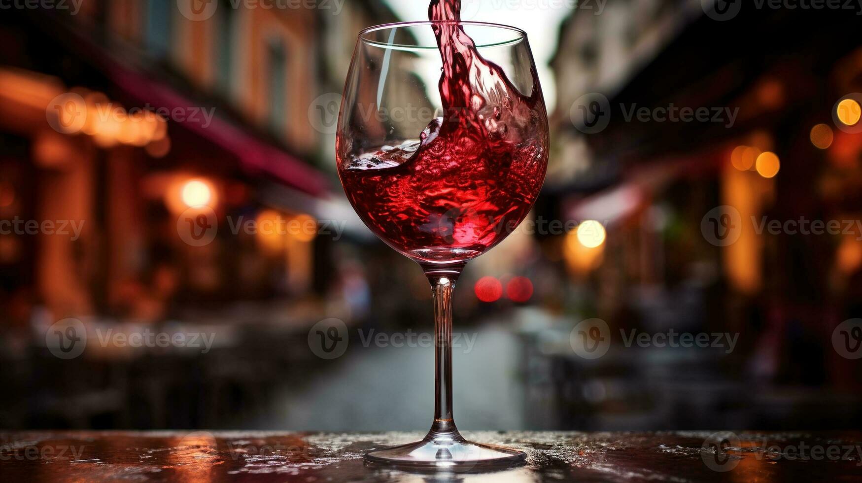 ai genererad generativ ai, glas av röd vin på trä- tabell med fläck bakgrund med lampor av gata bar, Kafé eller restaurang foto