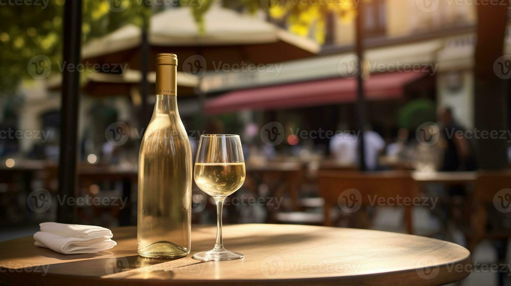 ai genererad generativ ai, glas av vin och flaska på trä- tabell med fläck bakgrund med lampor av gata bar, Kafé, kaffe affär eller restaurang, vin falsk upp foto