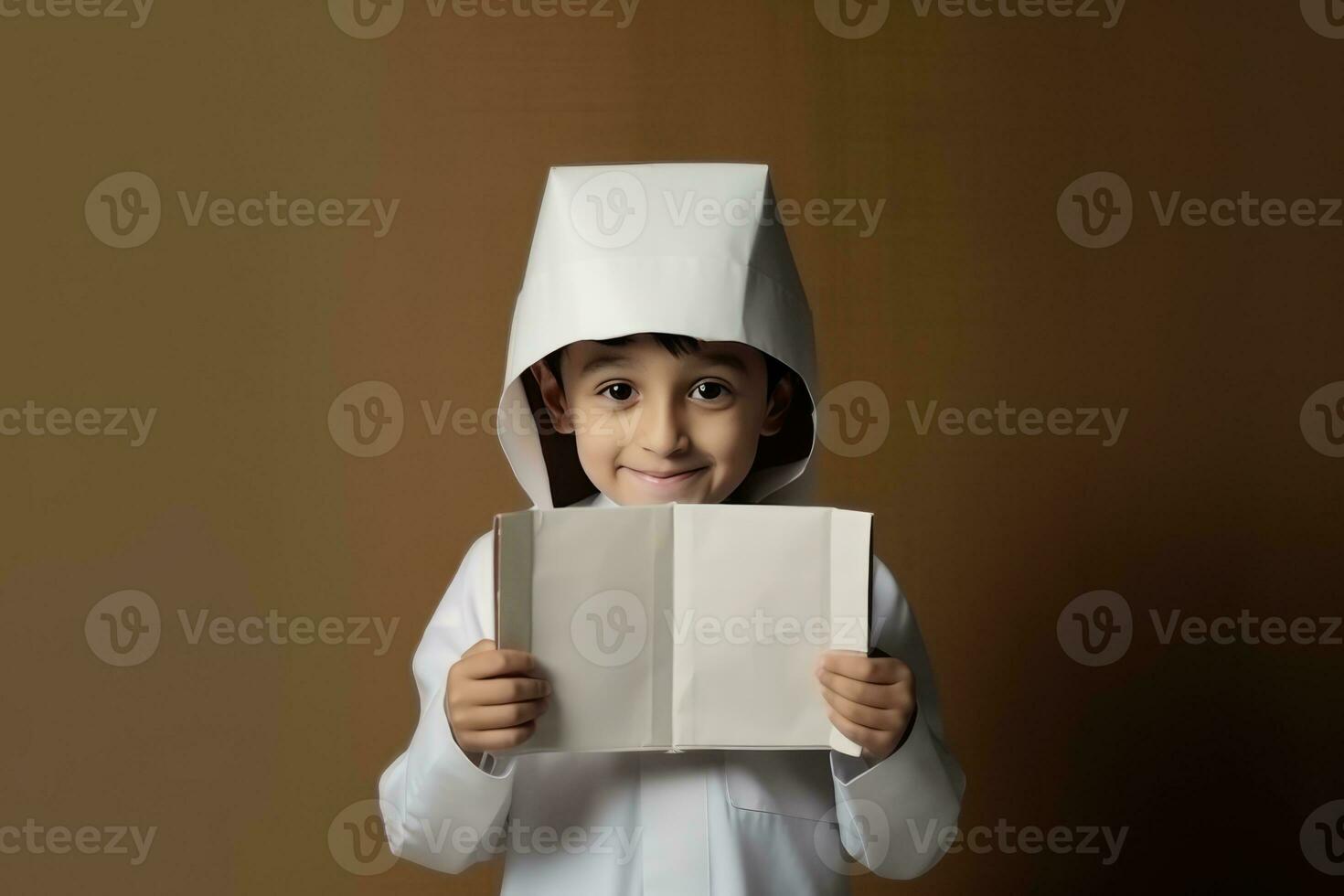 ai genererad ung pojke bär en hatt och innehav en bit av papper foto