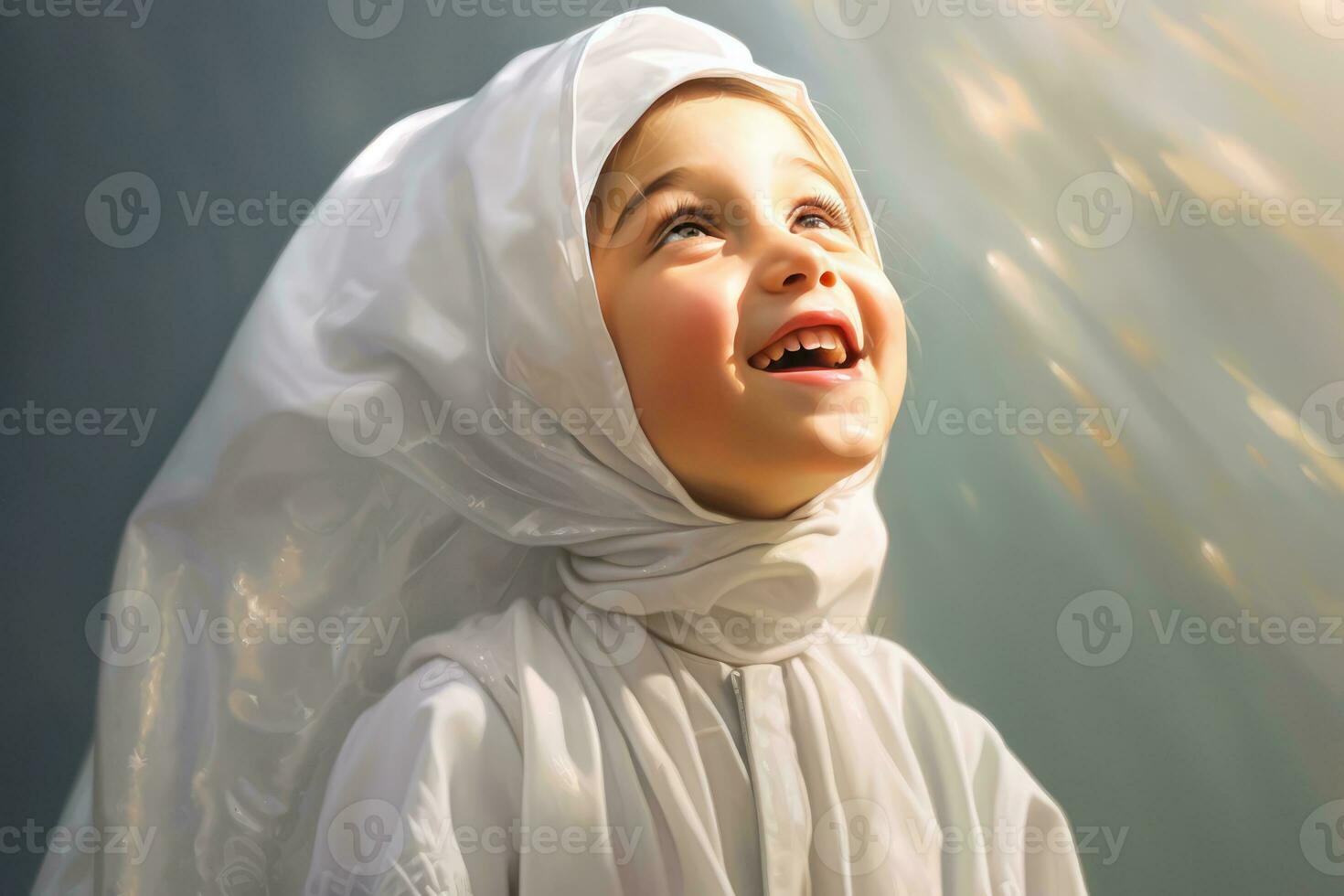ai genererad de resa av en liten flicka i en huvudduk, leende och ansluter med de gudomlig foto