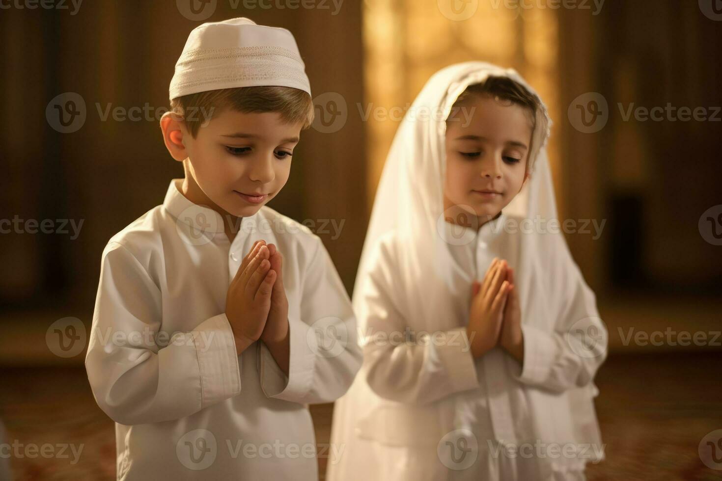 ai genererad två ung Pojkar i vit Kläder bön- tillsammans foto